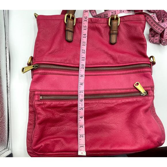 Fossil Explorer Foldover Leather Crossbody Shoulder Bag Fuchsia Hot Pink Purse - Picture 7 of 8